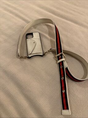 Bandolier White Leather iPhone 12Pro Case with Black and Red Stripe Strap